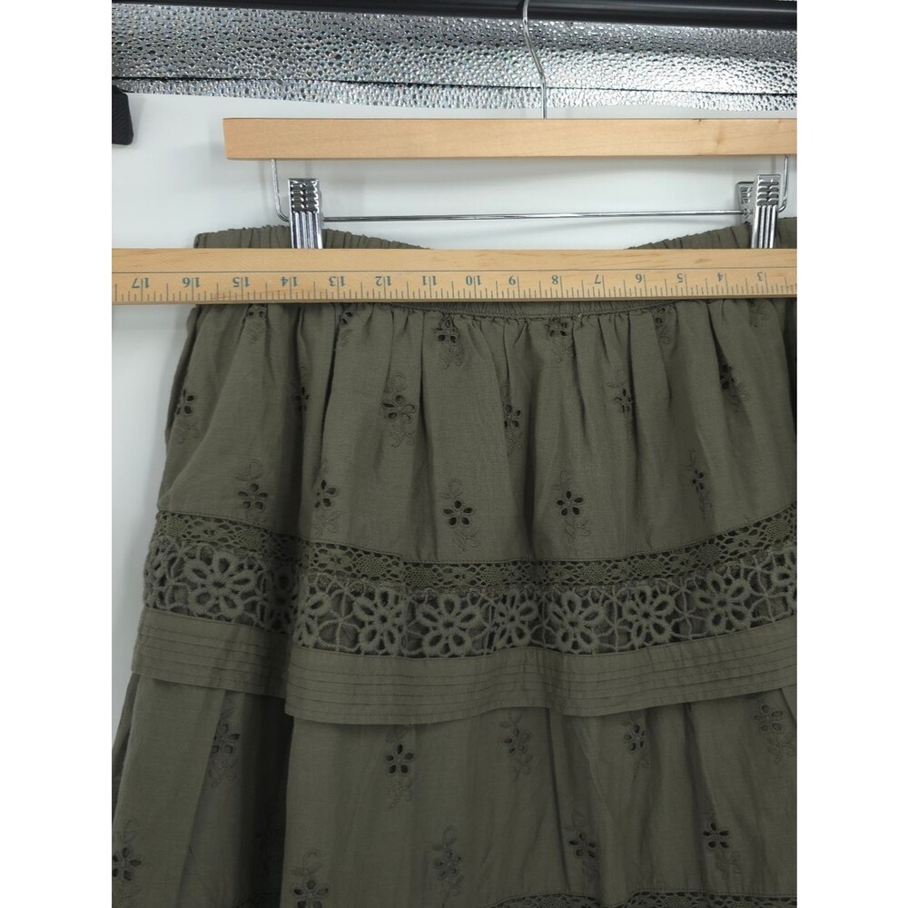 Lucky Brand Tiered Eyelet Skirt Goblincore Green Floral Schiffli Embroidery Boho - Picture 11 of 12